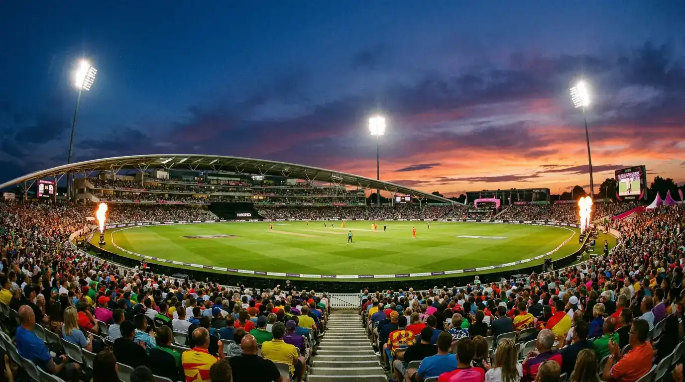 Modern English cricket stadium under floodlights during a Hundred match with packed coloured crowd filling the stands