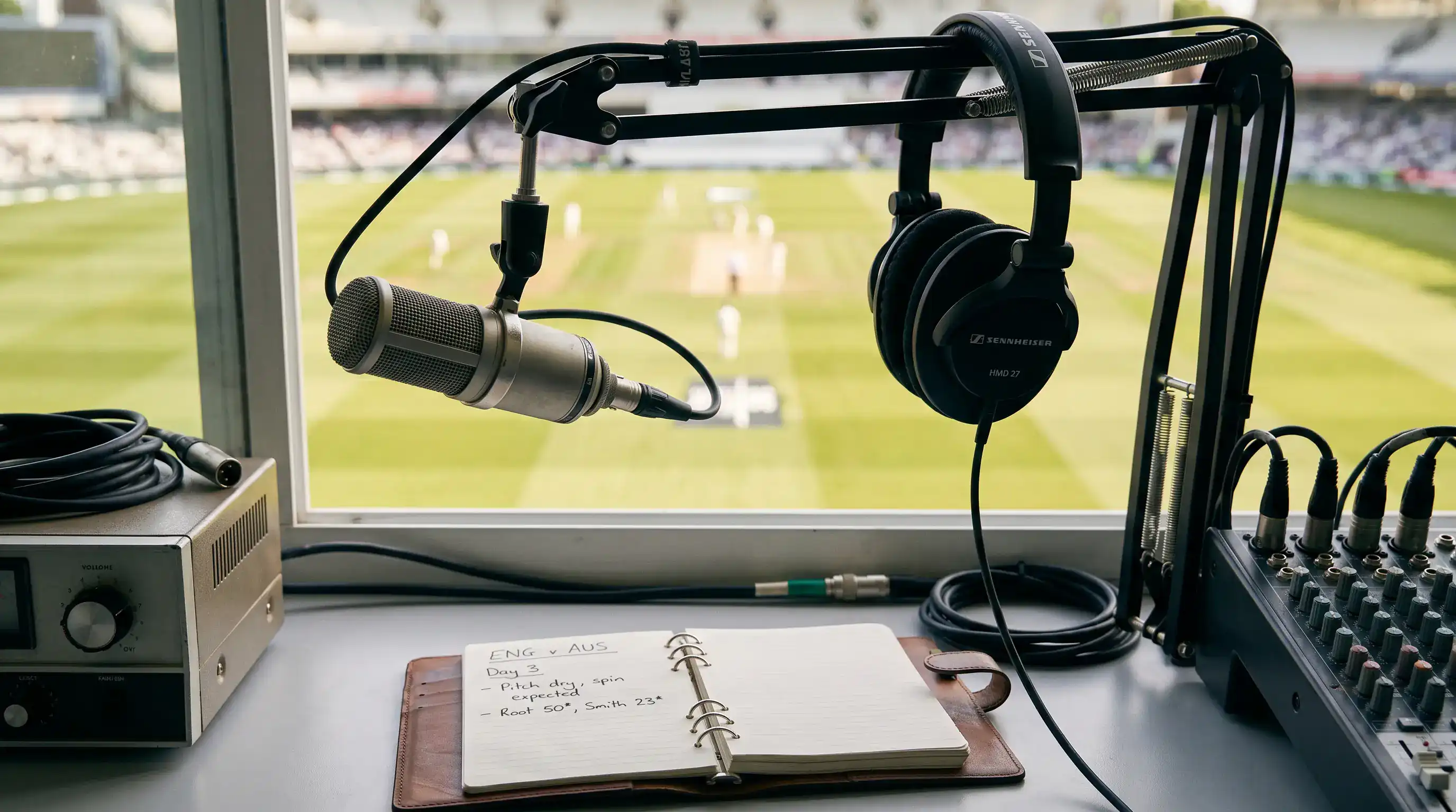 Cricket radio commentary setup with headphones and microphone on a desk overlooking the ground