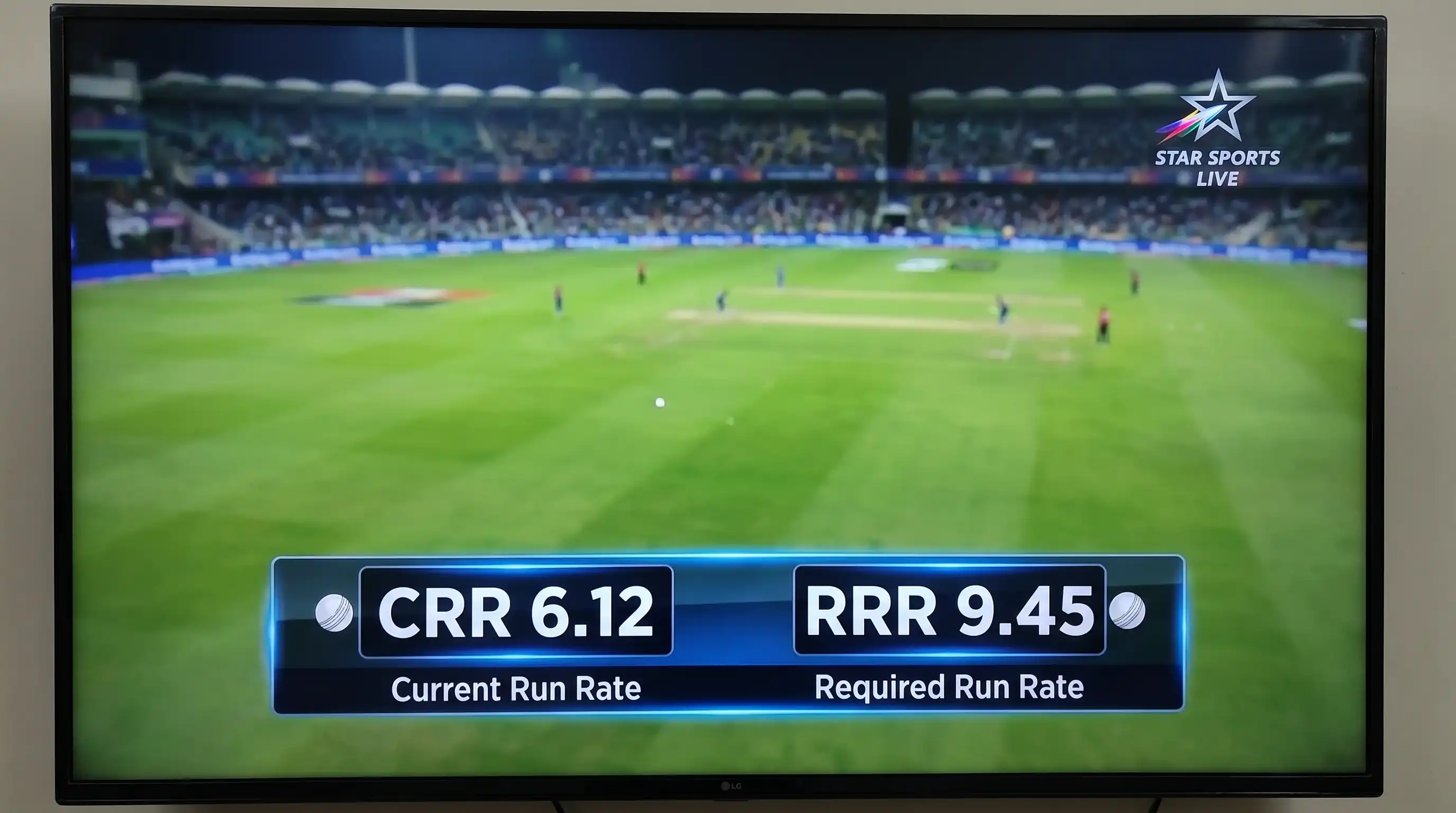 Broadcast graphic overlay showing current run rate and required run rate during a white-ball chase