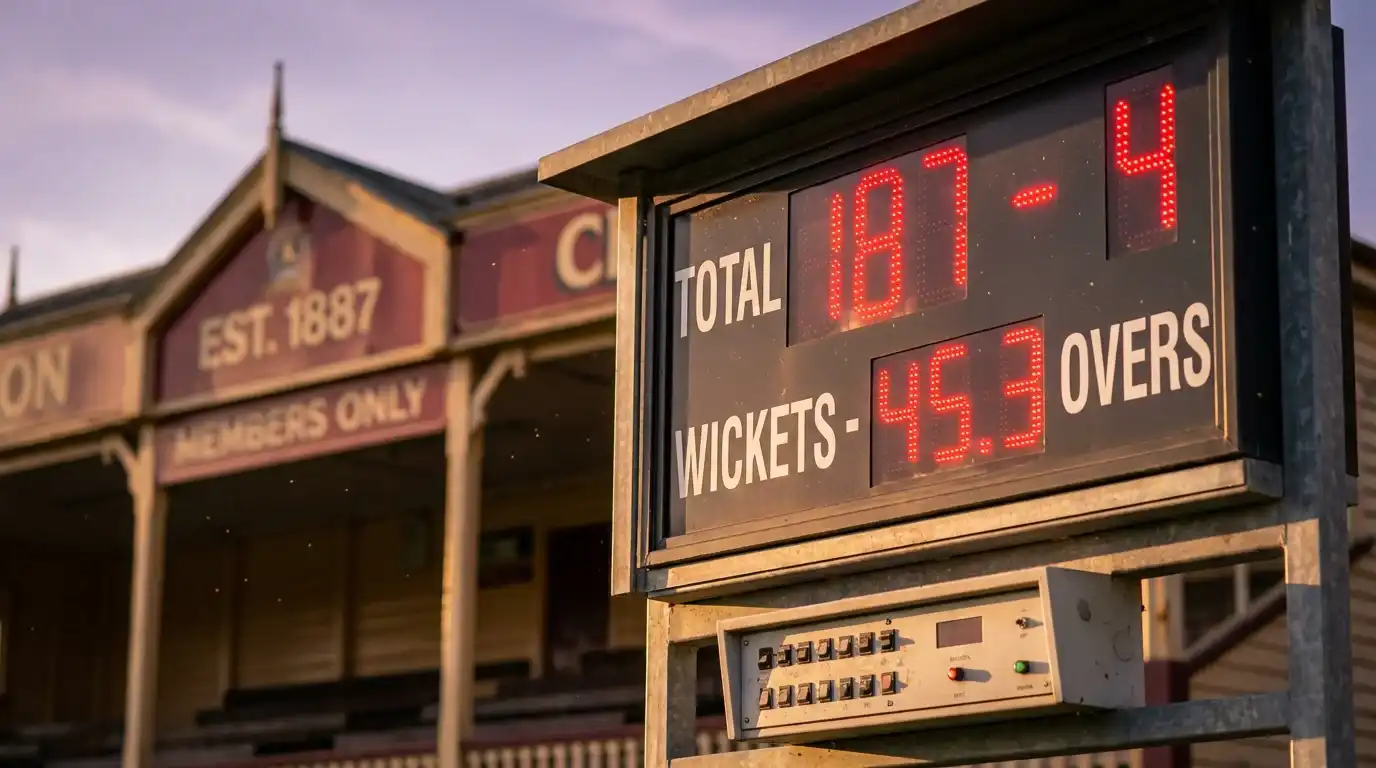 Live cricket scoreboard at an English county ground showing runs, wickets and overs in real time