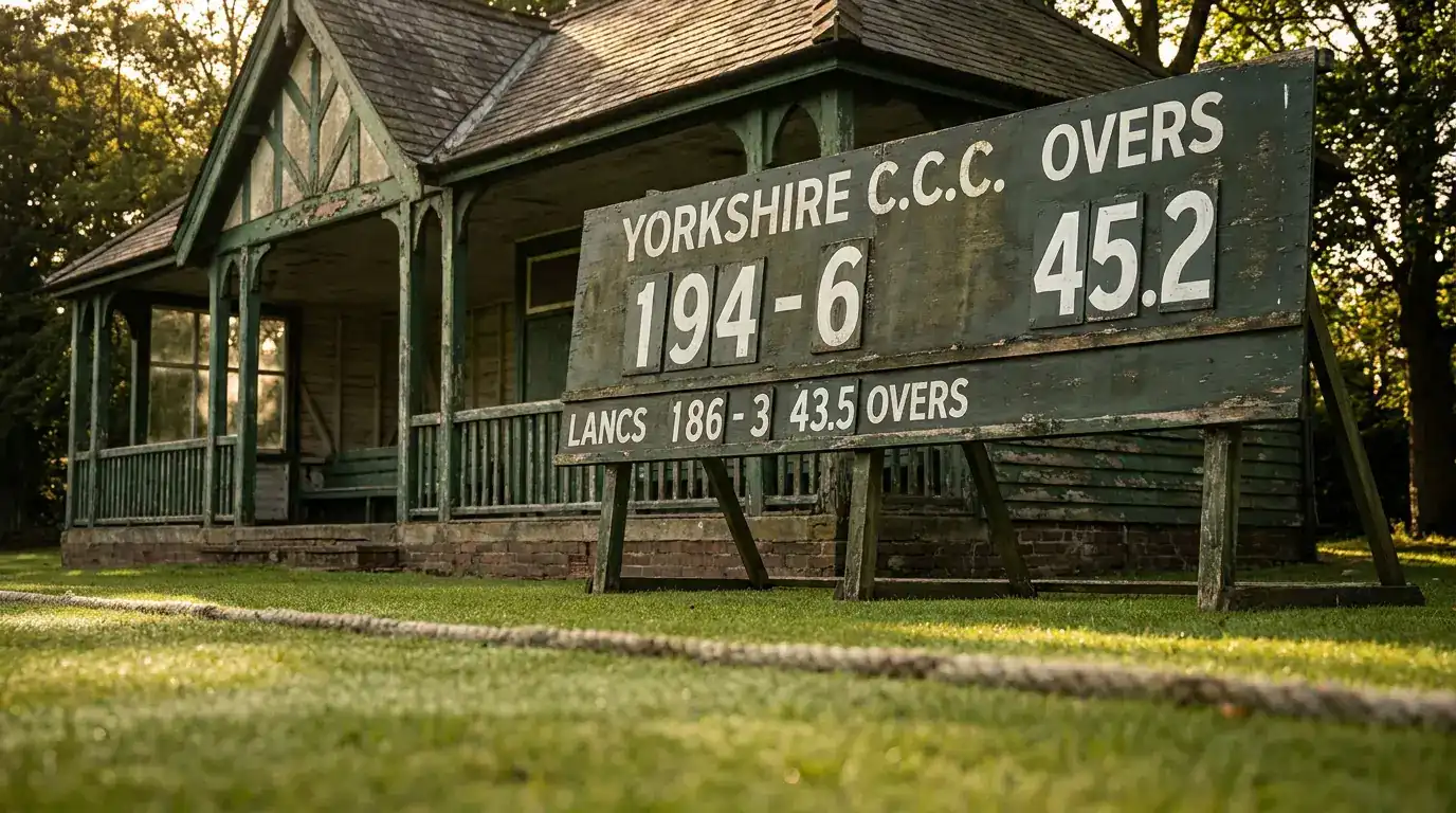 Cricket ground scoreboard showing team total runs wickets and overs in the top line