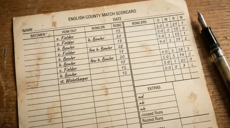 Detailed printed cricket scorecard from a county match showing batter and bowler entries with abbreviations visible across the page