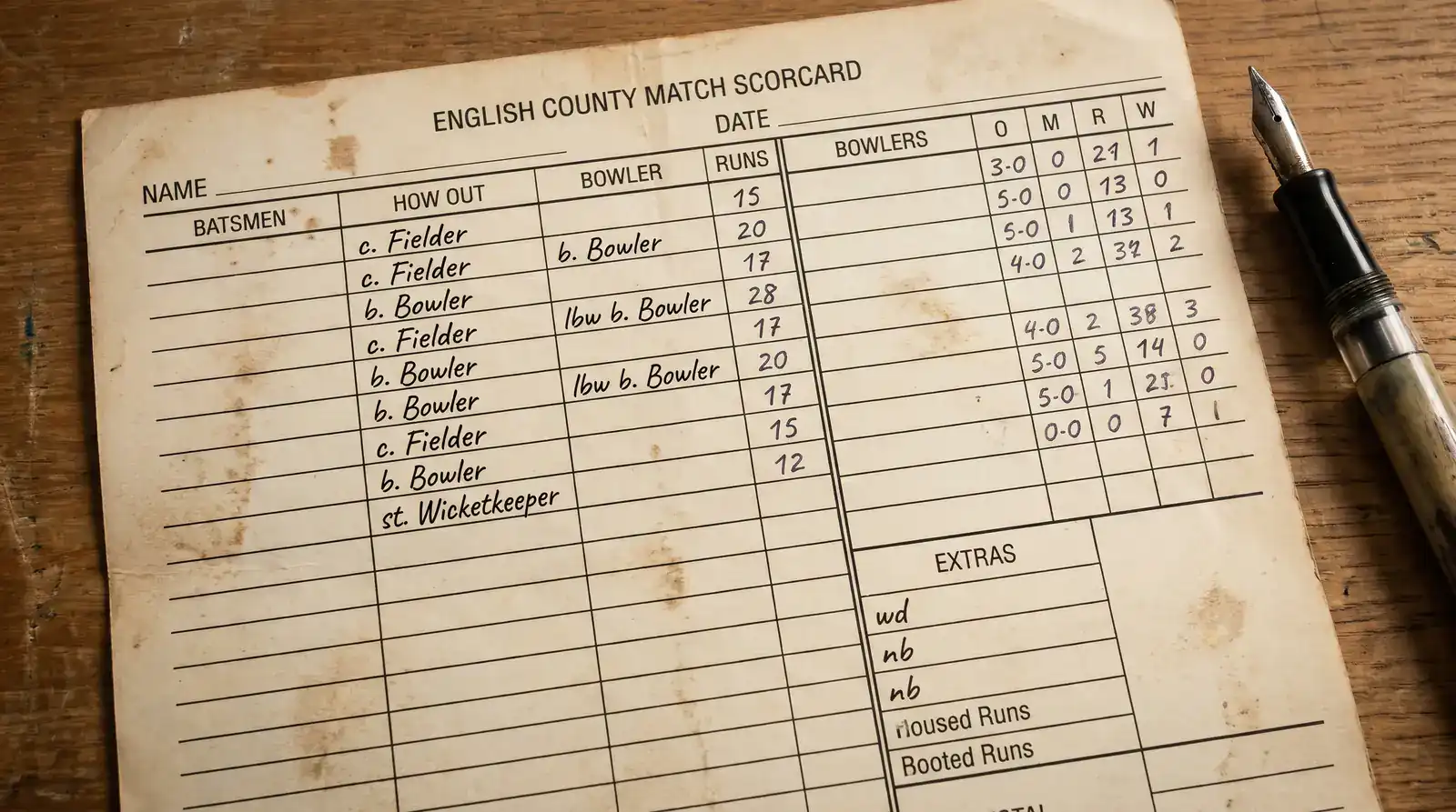 Detailed printed cricket scorecard from a county match showing batter and bowler entries with abbreviations visible across the page