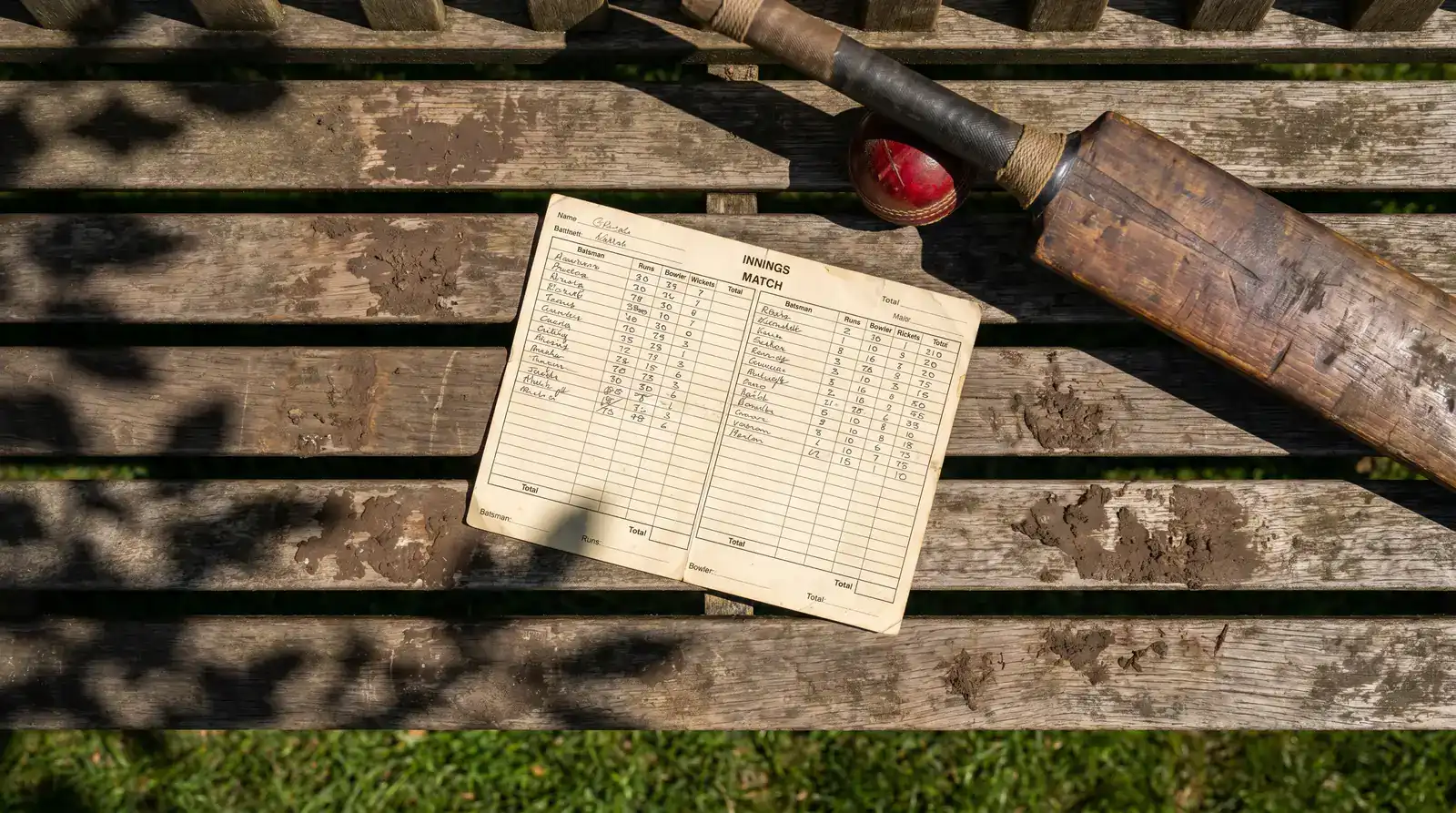 Printed cricket scorecard sheet on a wooden bench beside a cricket bat at an English club ground
