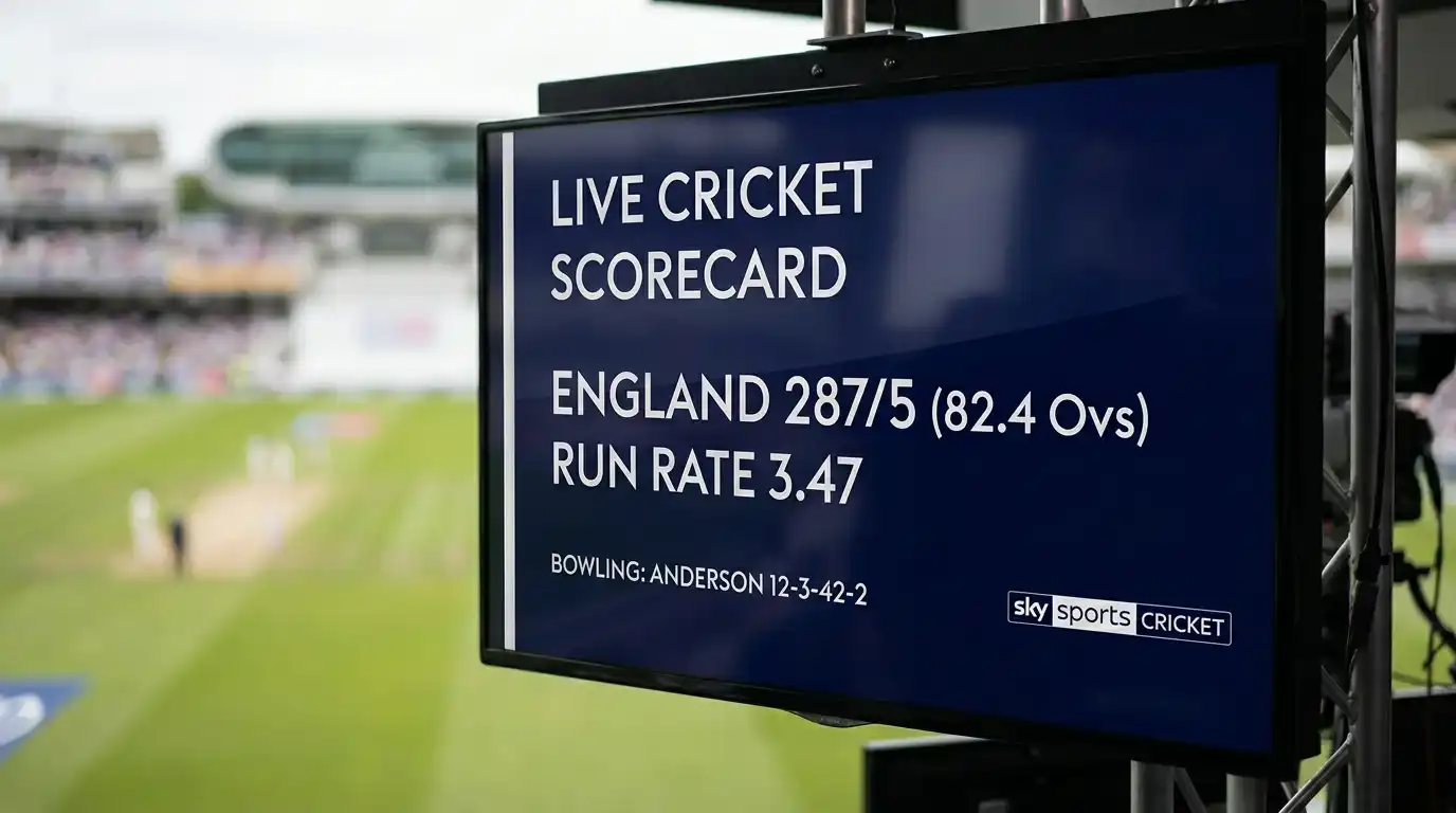 Live cricket scorecard on broadcast graphic with batting figures, bowling card and run rate