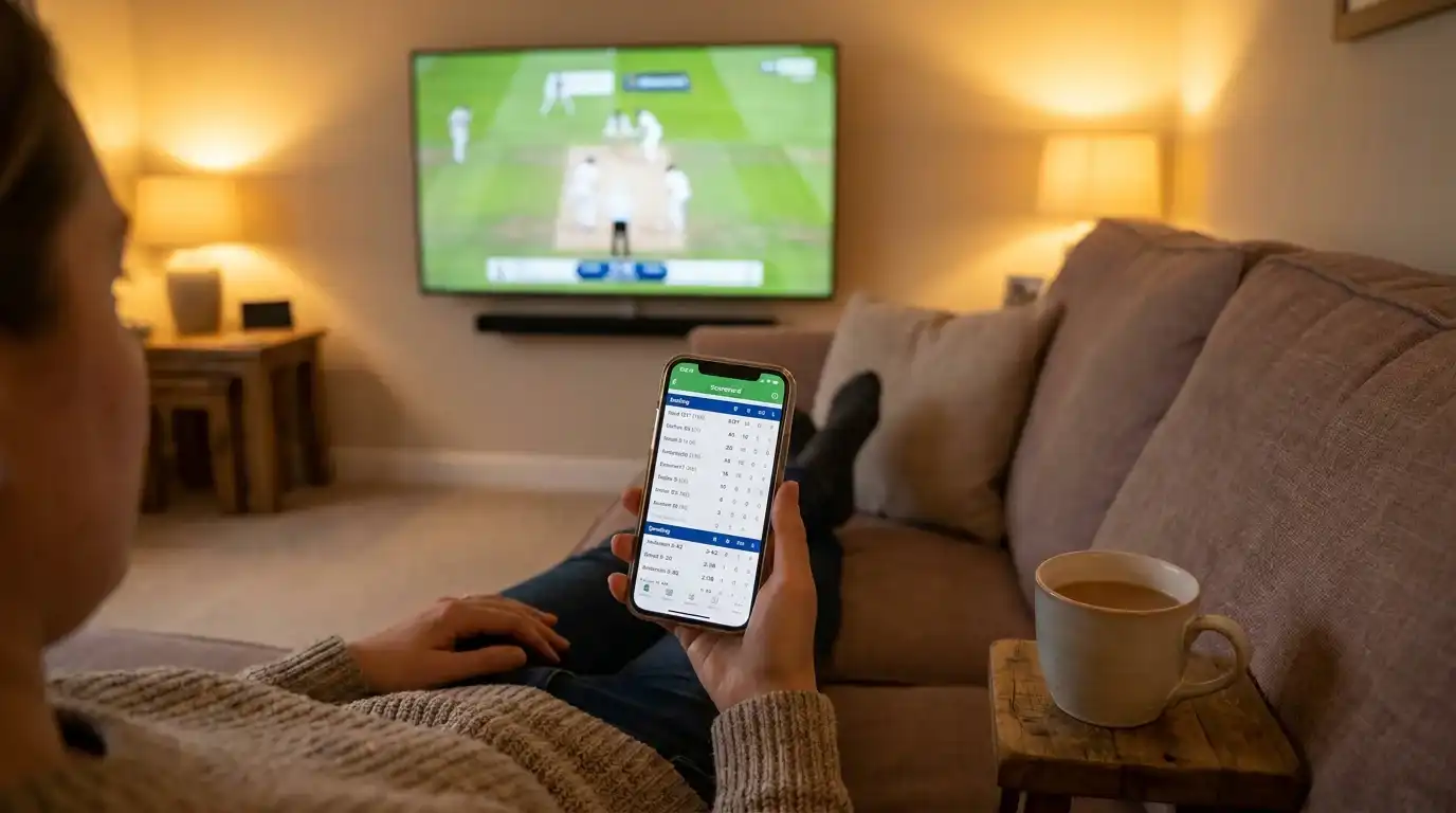 Person watching cricket on television while checking live scorecard on a smartphone in the same room