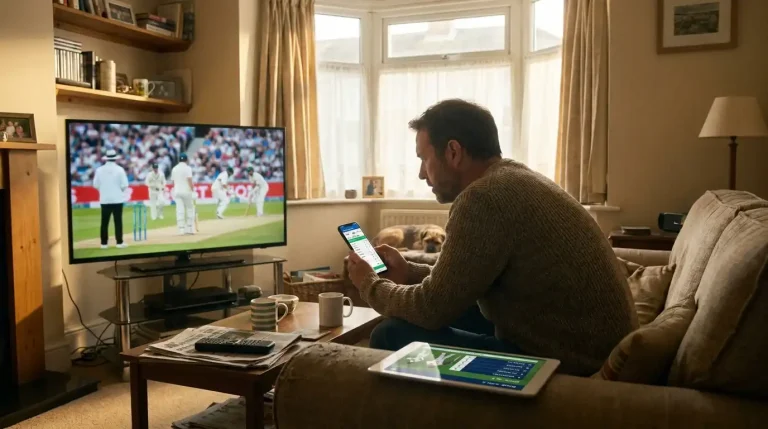 UK cricket viewer at home with the Test match on television, a phone in hand showing a live ball-by-ball scorecard, and a tablet on the arm of the sofa