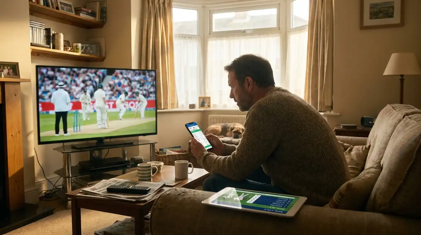 UK cricket viewer at home with the Test match on television, a phone in hand showing a live ball-by-ball scorecard, and a tablet on the arm of the sofa