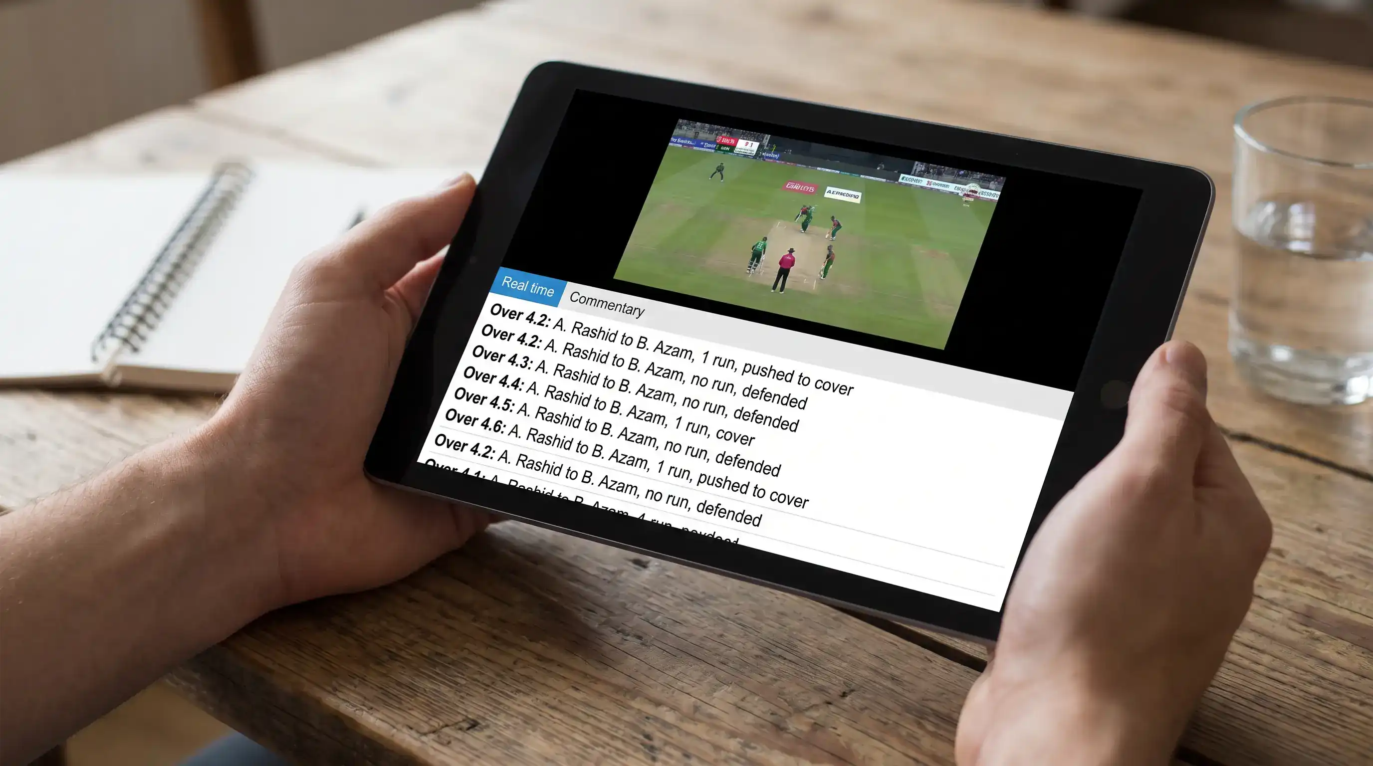 Tablet device displaying a cricket streaming service with live match player and ball-by-ball feed