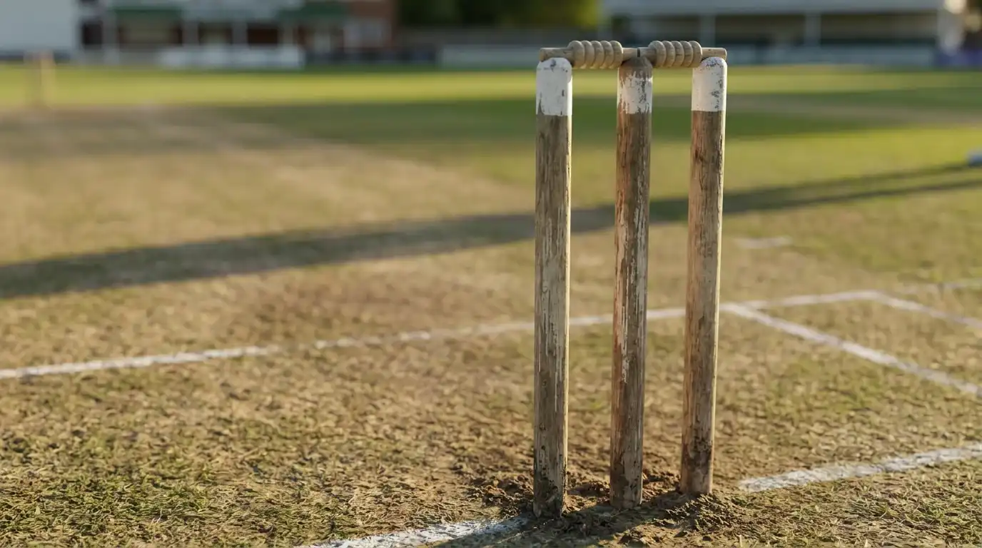 Cricket stumps with bails on a Test match pitch at an English ground