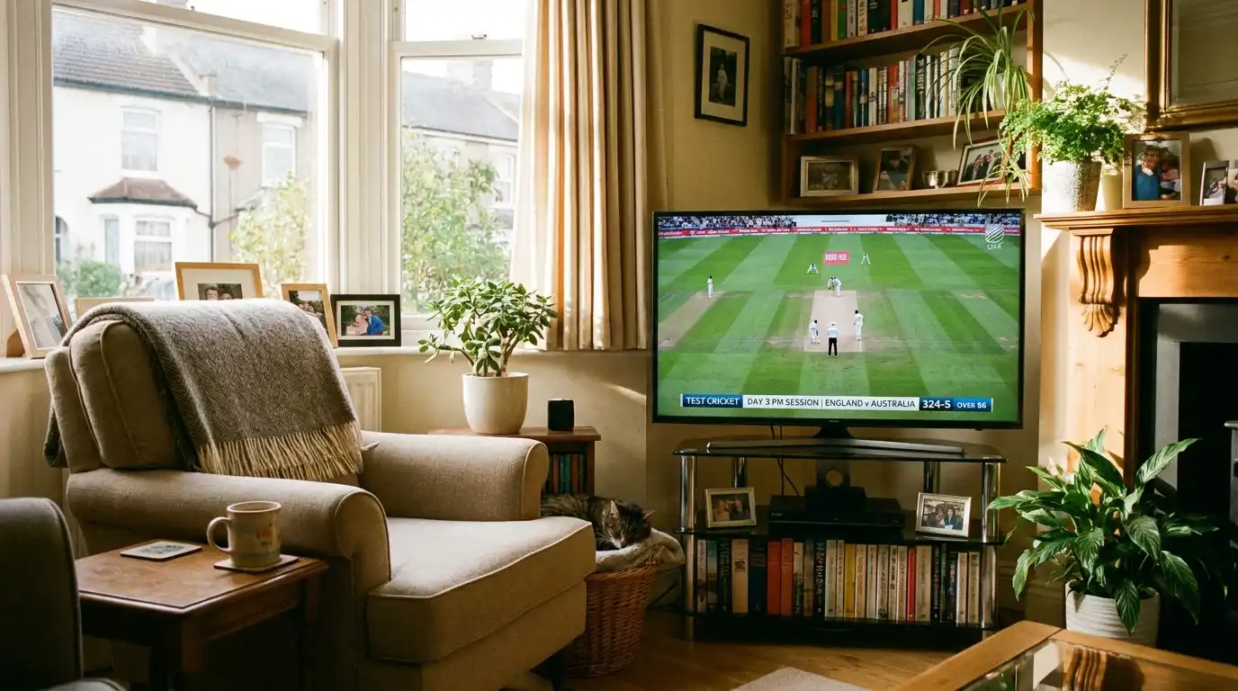 Television in a UK living room showing a Test match broadcast with overlay scoreboard graphics and a tea-time crowd in the background