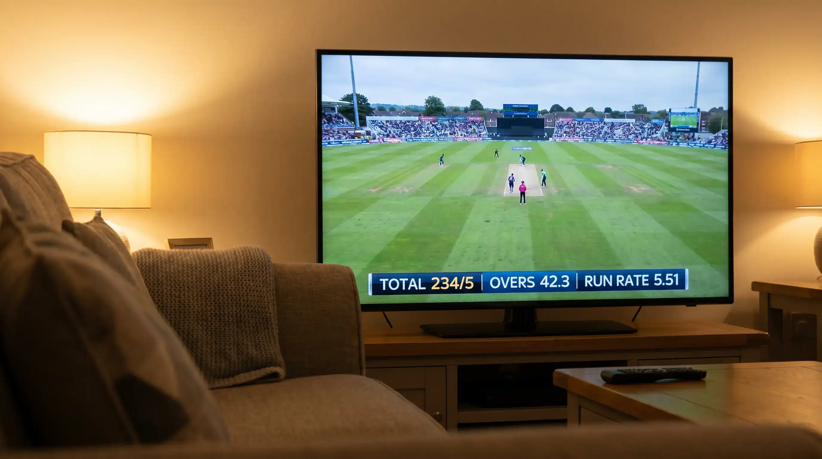 Television broadcast scoreboard graphic at the bottom of the screen showing the current run rate during an ODI innings