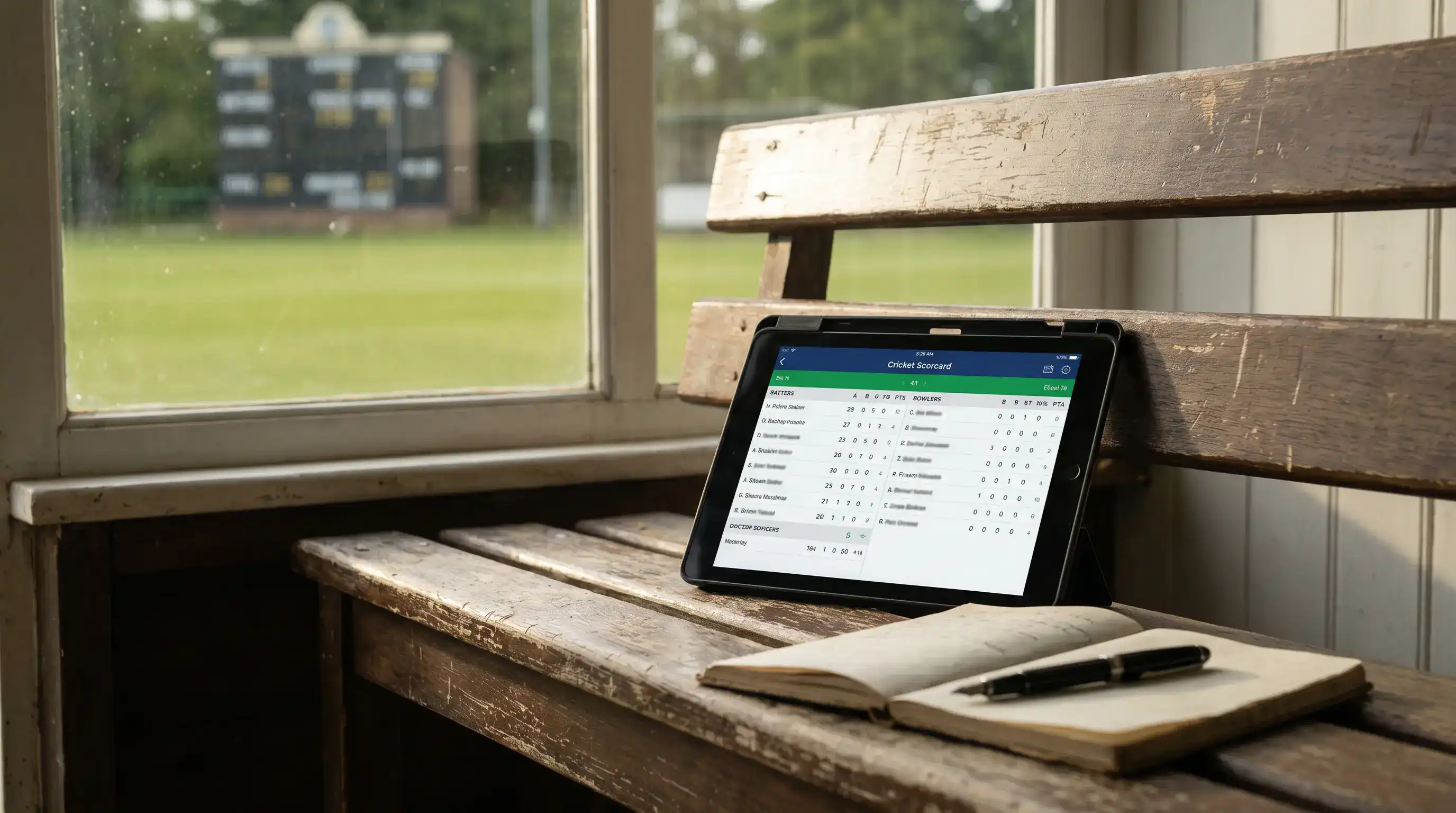 Tablet on a wooden surface showing a digital cricket scorecard with batter and bowler tables visible during a match