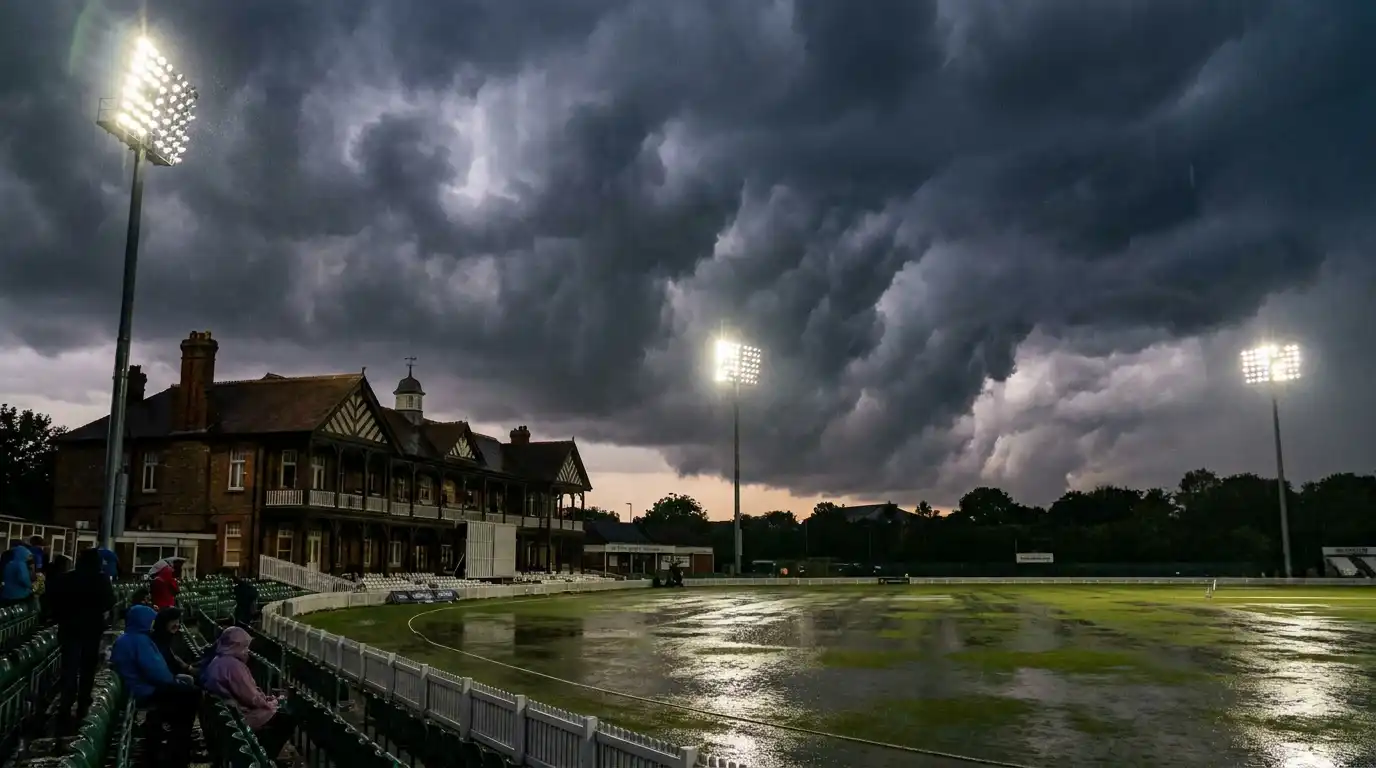 Cricket pavilion at an English ground with darkening storm light and floodlights illuminating the empty pitch during a rain delay