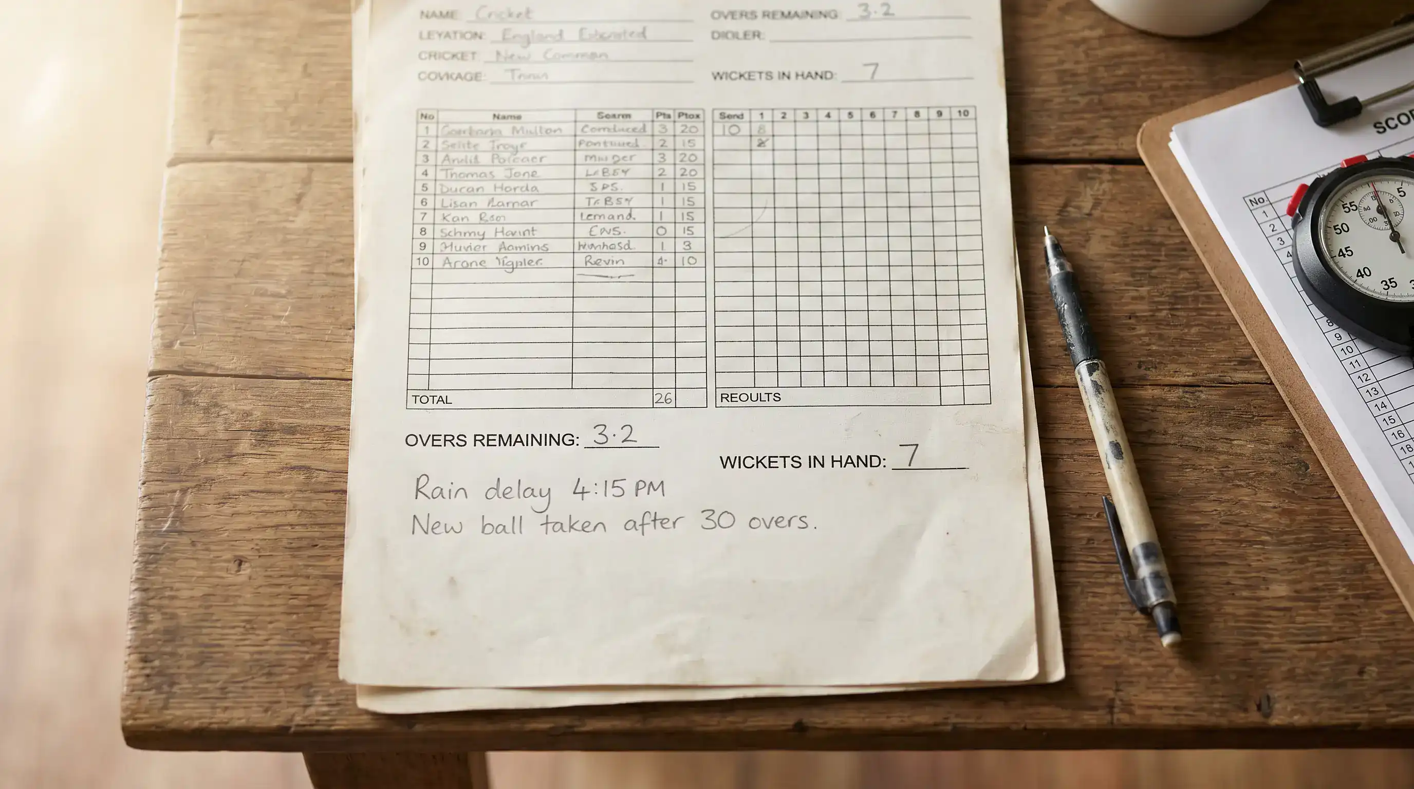 Close-up of a cricket scoresheet showing remaining overs and wickets columns marked up by hand during a rain-interrupted innings