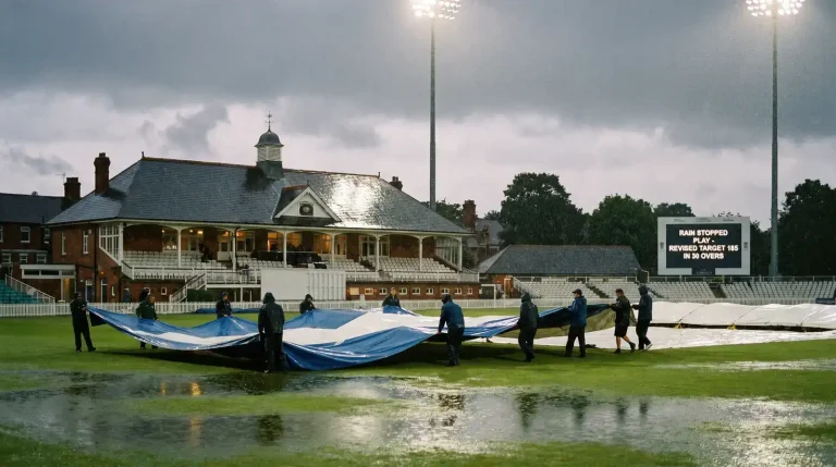 Rain-affected English county cricket ground with the covers being pulled across the square while the electronic scoreboard shows a revised DLS target