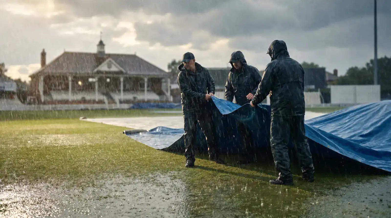 Ground staff pulling rain covers across the cricket pitch square at an English ground during a downpour