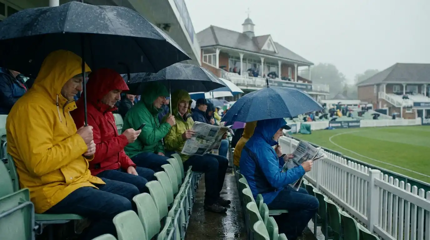 Cricket spectators in colourful raincoats and under umbrellas waiting for play to resume during a rain delay at an English ground