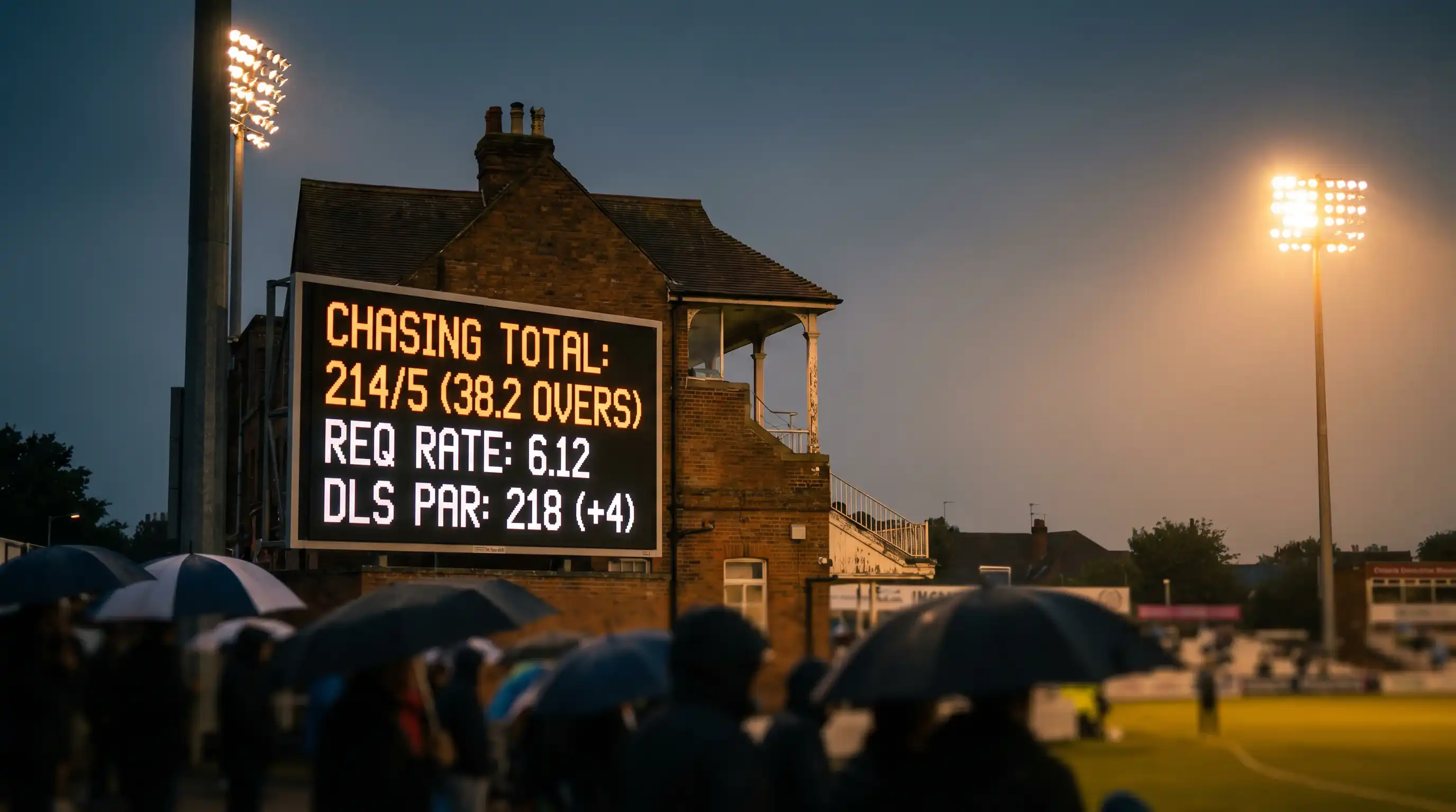 Electronic cricket scoreboard at a UK ground displaying the chasing team's current total alongside the DLS par score during a rain-interrupted match
