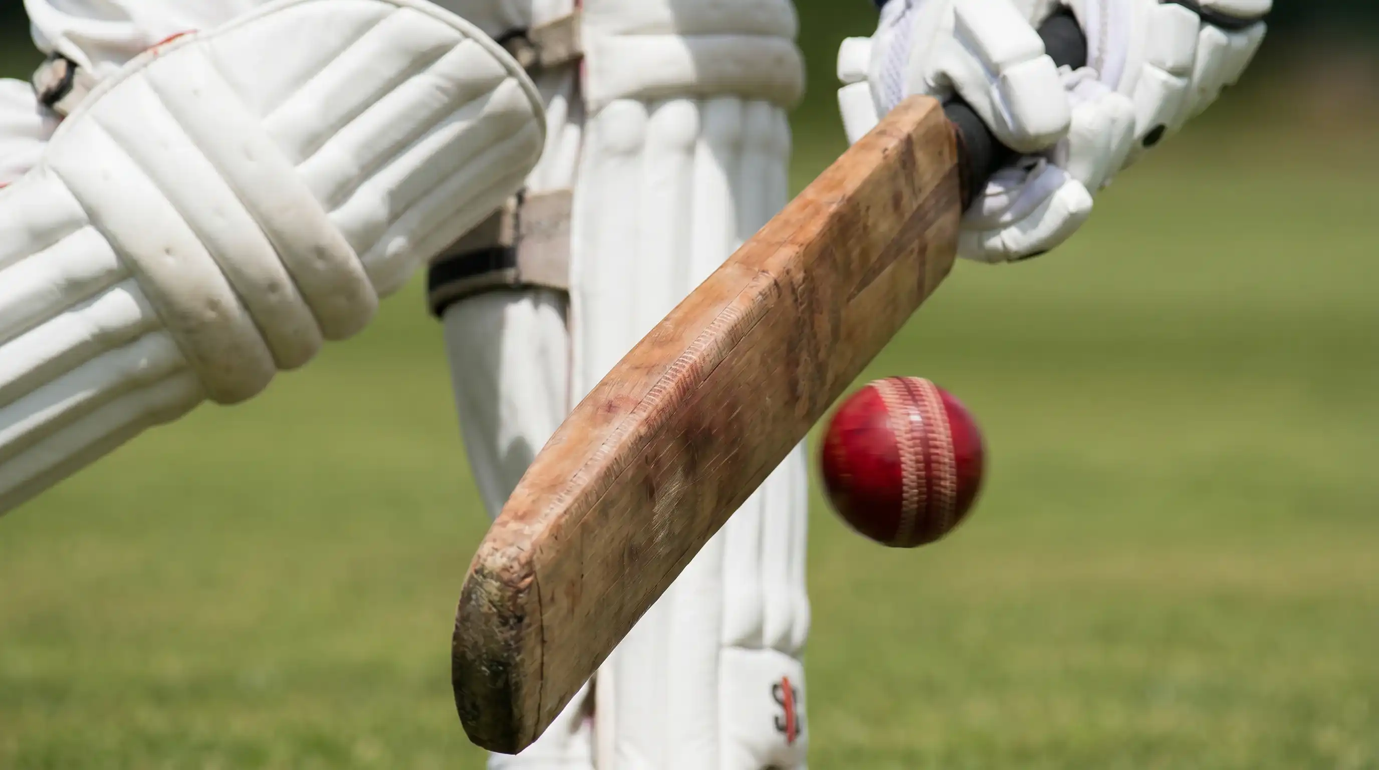 Close-up moment of a cricket ball passing the edge of the bat with the pad just behind it during a caught-behind appeal