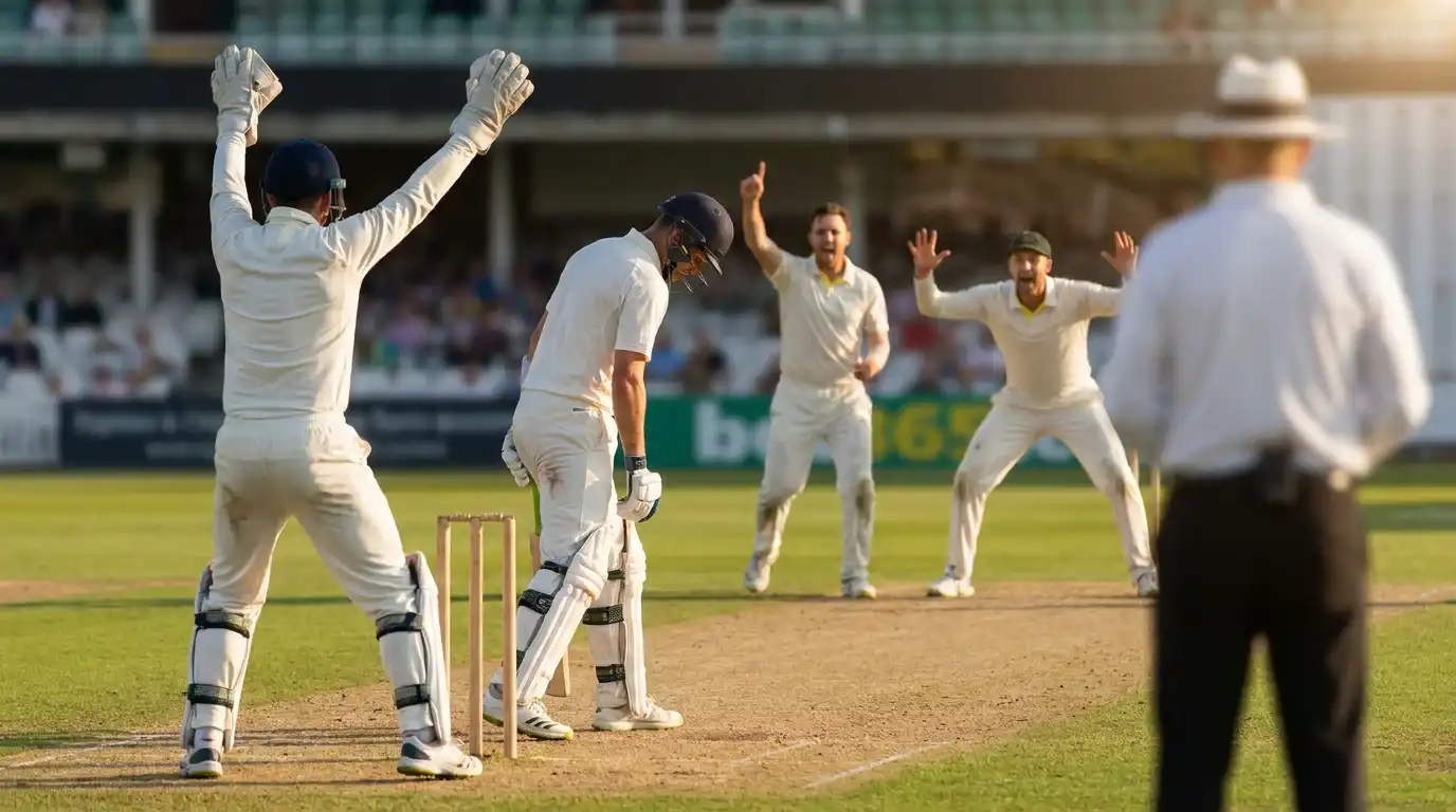 Wicket-keeper and slip cordon appealing for LBW while the batter looks down the pitch after being struck on the pad