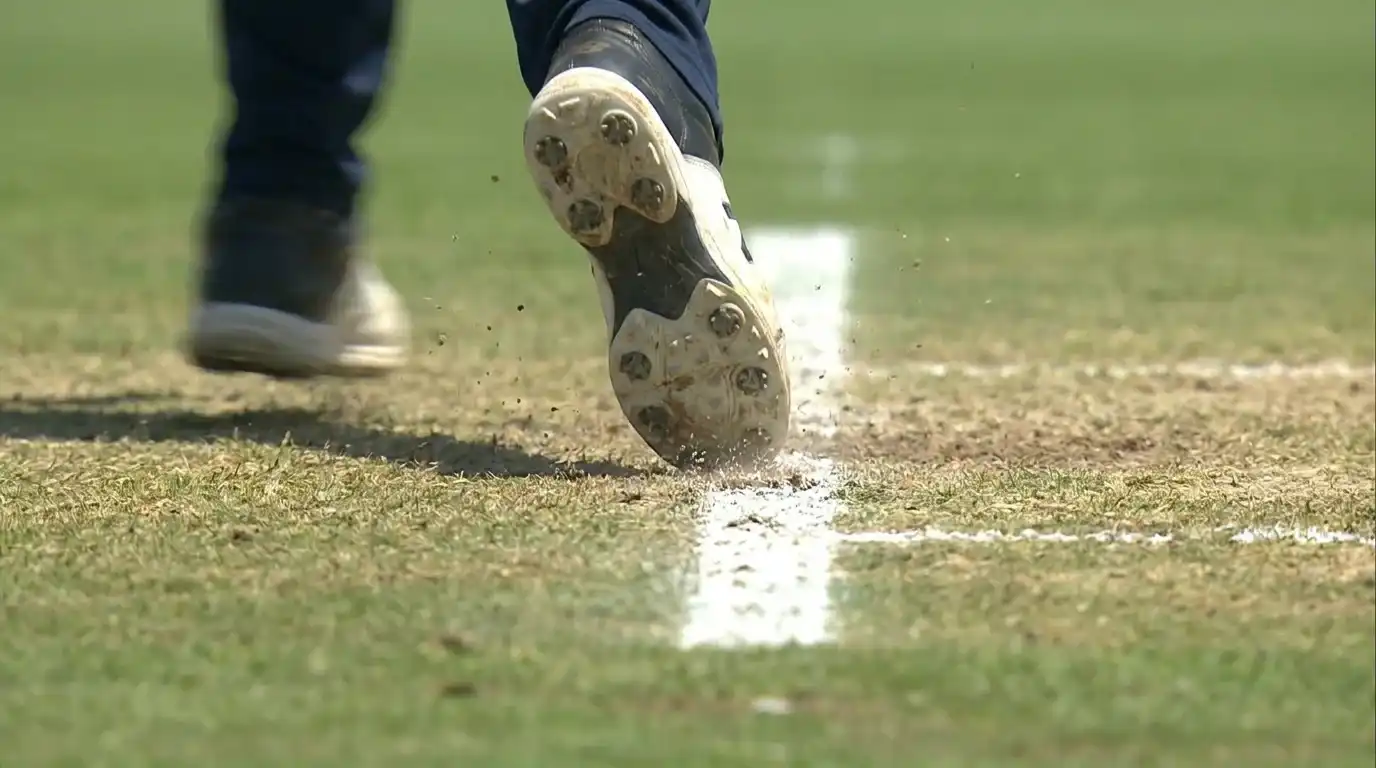 Close-up of a fast bowler's front foot landing near the popping crease during a delivery, shown from the broadcast no-ball camera angle