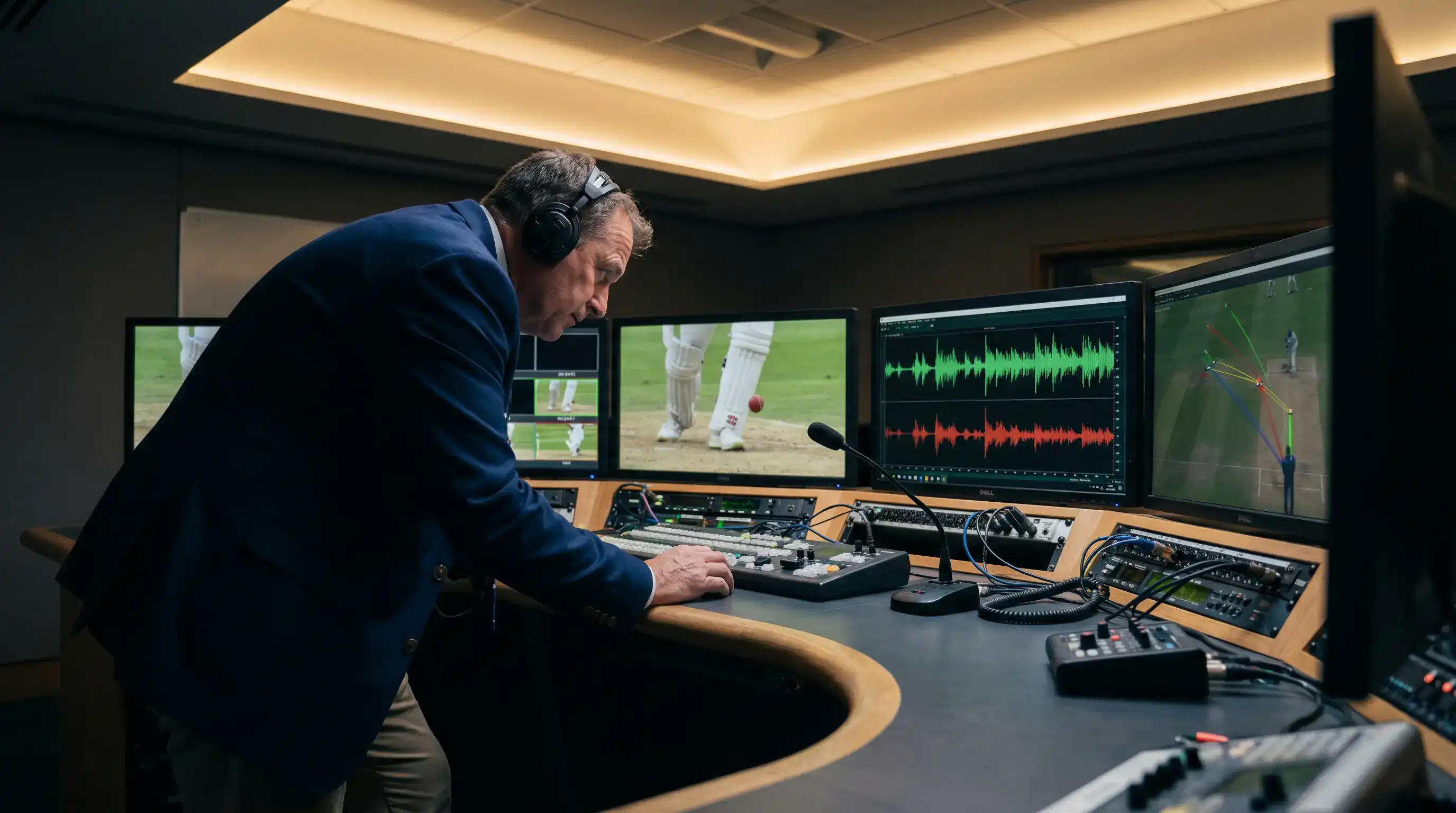 Third umpire monitoring multiple replay screens showing ball-tracking and slow-motion footage during a DRS review