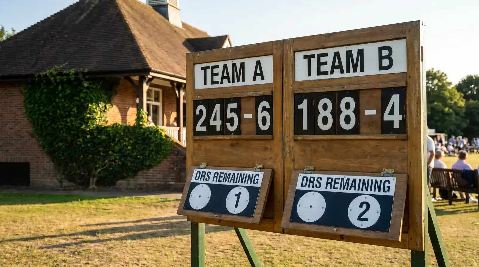 Test match scoreboard at an English ground displaying team totals alongside the number of remaining DRS reviews for each side