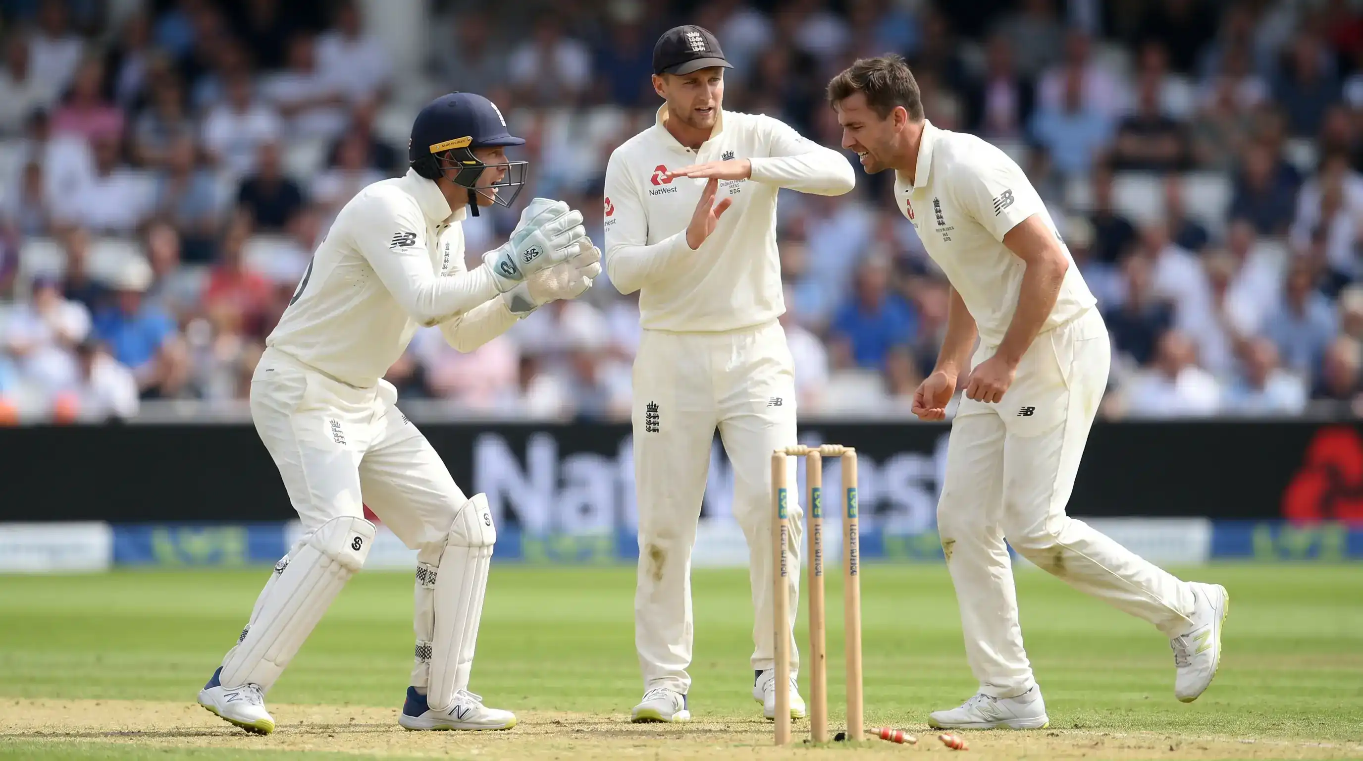 Wicket-keeper and bowler conferring with the fielding captain before the captain raises both hands for a DRS review signal