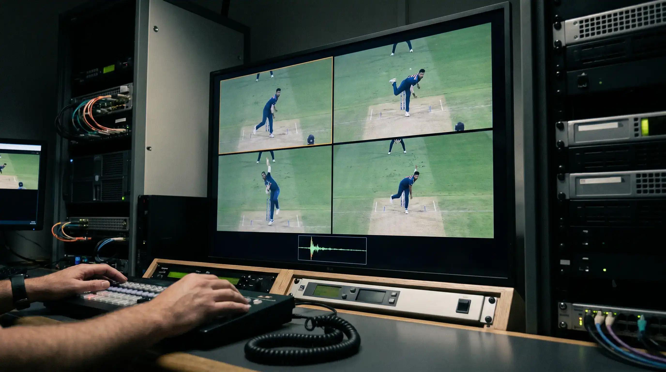 Third umpire's monitor showing multiple synchronised replay angles during an edge review in a Test match