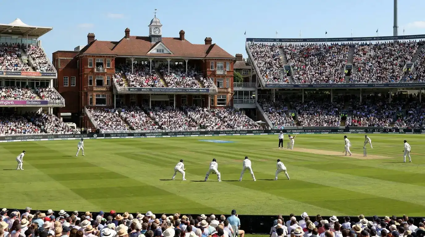 England Test match against touring side at full English ground with packed stands on a summer afternoon