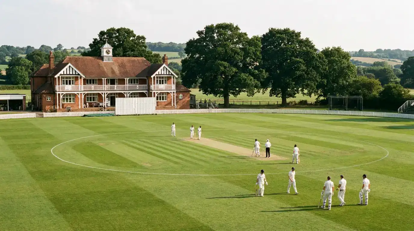 Wide view of an English county cricket ground in summer with the pavilion, outfield and players in cricket whites