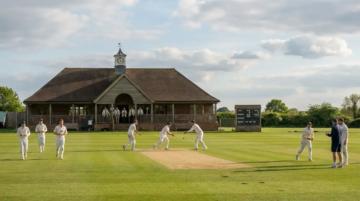 Late-spring English cricket ground with players warming up and pavilion in the background