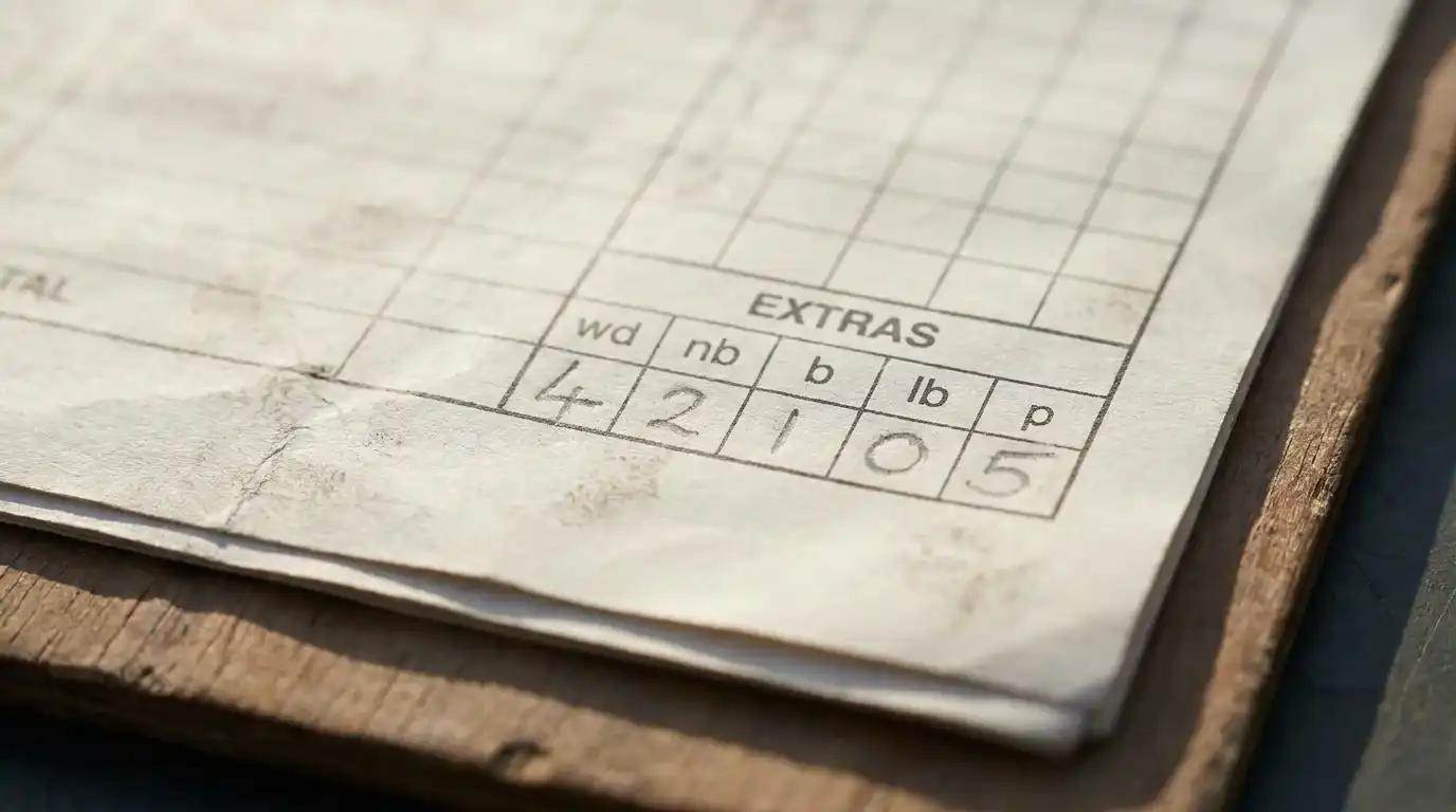 Cricket scorecard extras section showing wides no-balls byes and leg-byes recorded as separate categories