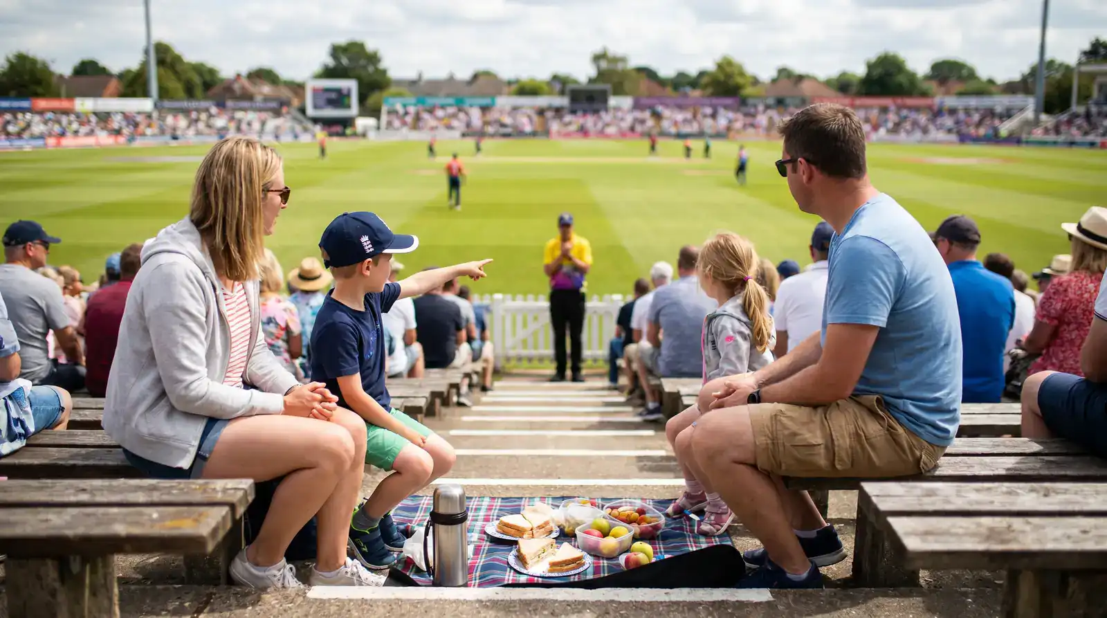 Family with children watching a Hundred match from the stands at a UK cricket ground