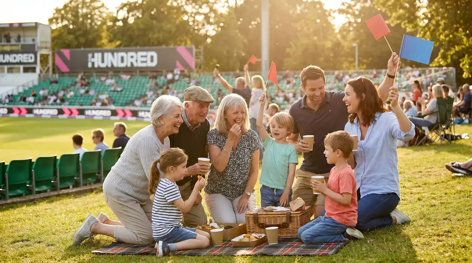 Family group with multiple generations enjoying a Hundred match day at an English ground with picnic and small flags