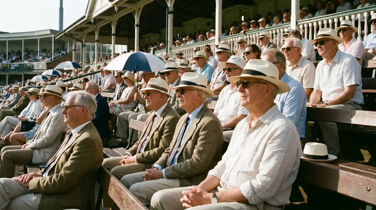 Quiet Test match crowd watching an early-morning session attentively under bright English summer light