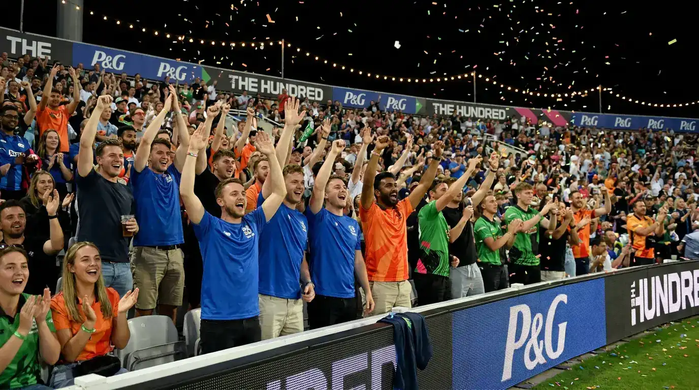 Younger UK cricket fans in their twenties and thirties celebrating in a colourful Hundred-match crowd at an English ground