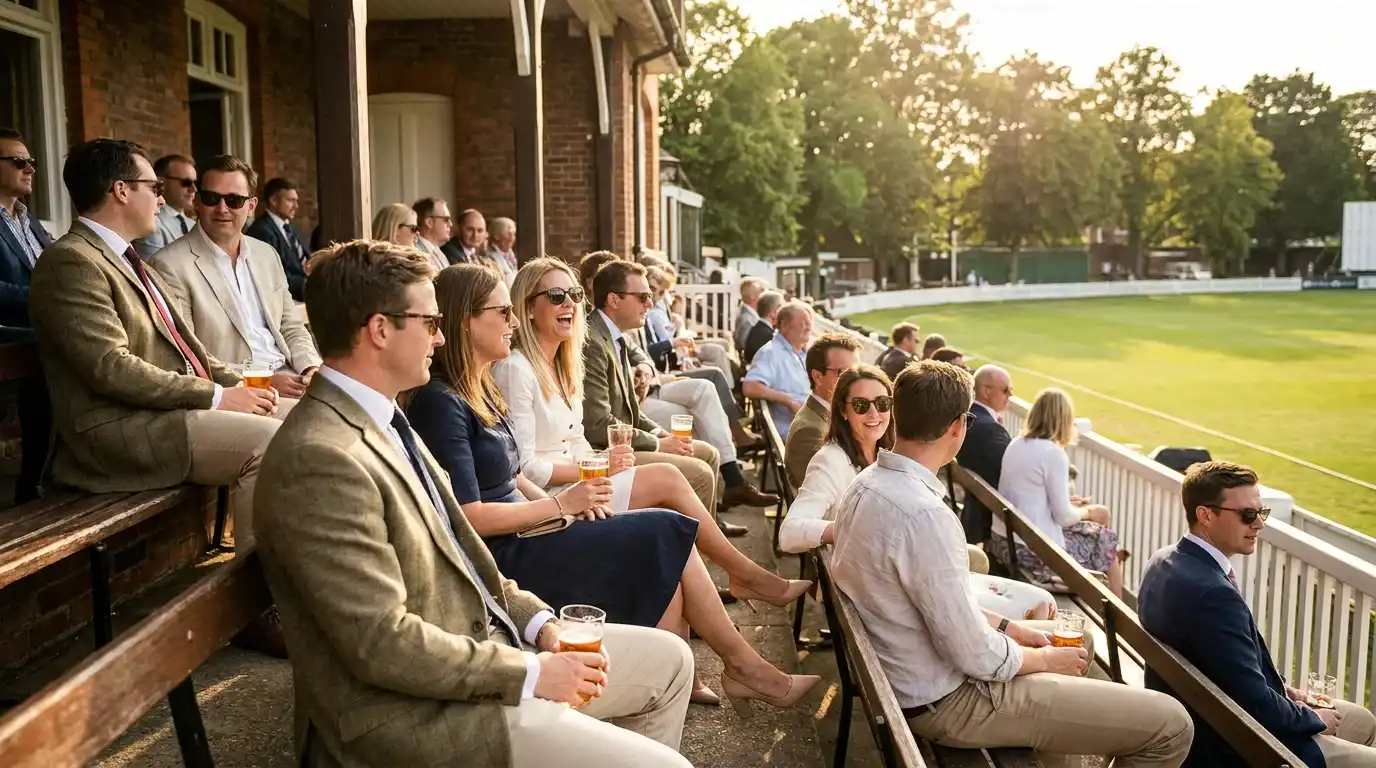 Well-dressed cricket spectators in the corporate pavilion section at an English Test ground enjoying summer hospitality