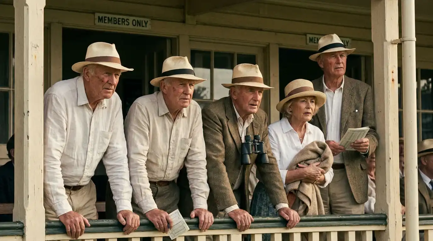 Older UK cricket fans in their late sixties seated in a pavilion stand at a Test match in panama hats and summer wear