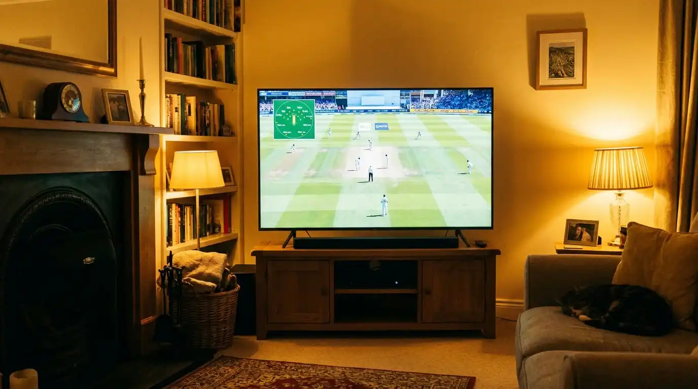 Television showing a cricket broadcast with a fielding-position graphic overlay highlighting each fielder's location around the pitch