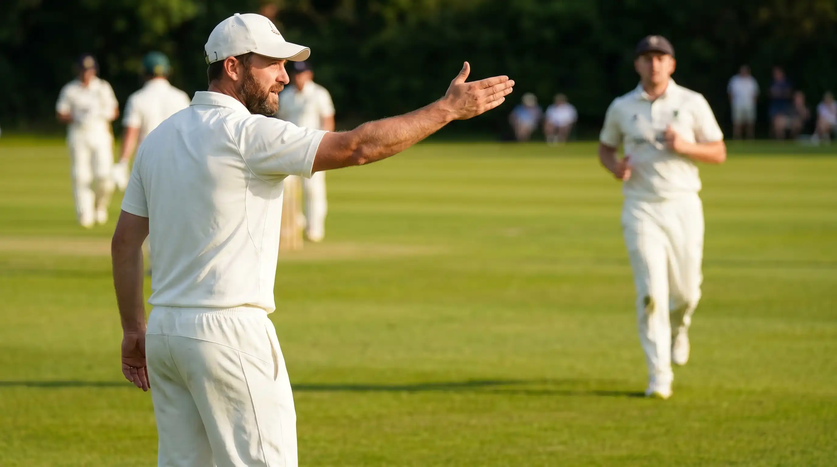 Cricket captain pointing and directing his fielders to new positions between overs at a county ground