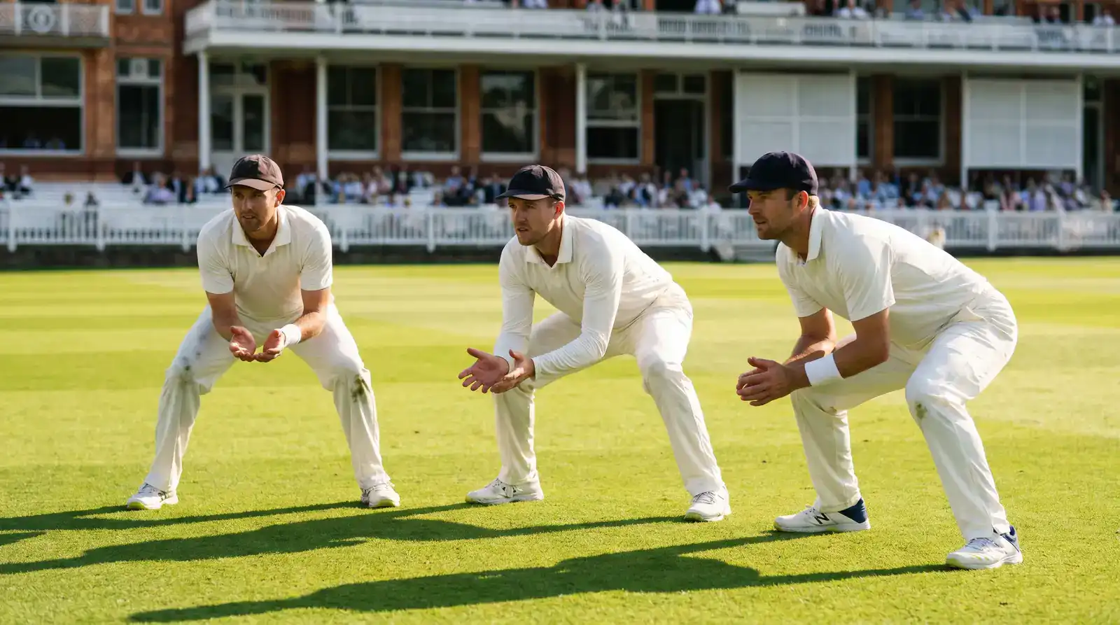 Cricket fielders in the close infield positions inside the thirty-yard circle during a Test match