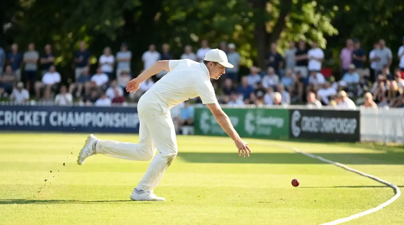 Cricket outfielder running to retrieve a ball in the deep at a Test ground with the boundary rope visible behind him