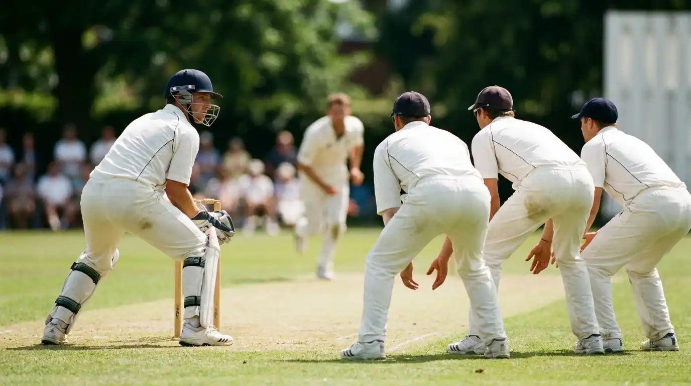 Cricket wicket-keeper and slip cordon crouched in unison ready for a fast-bowler delivery during a Test match