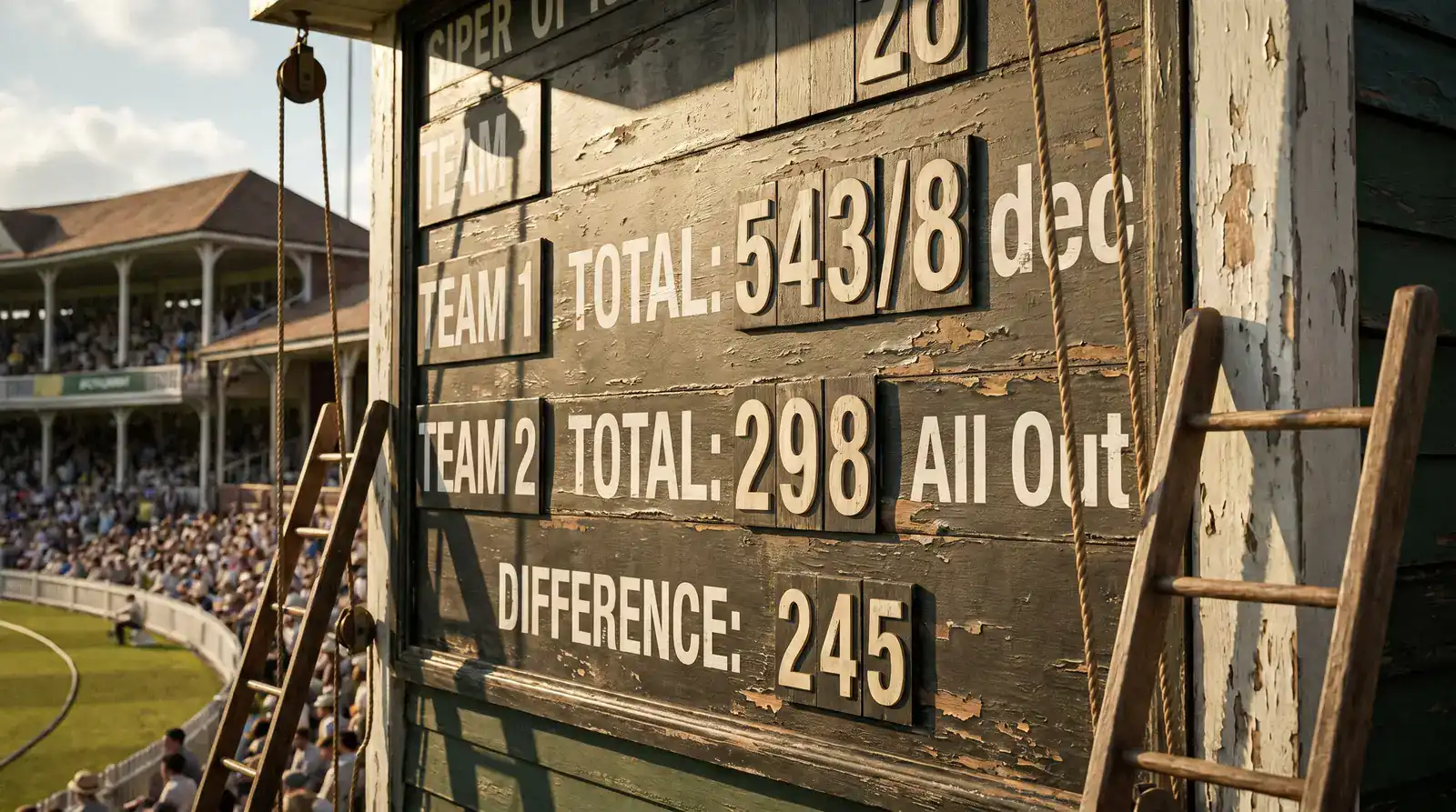 Test cricket scoreboard close-up showing a first-innings lead of well over 200 runs sufficient to enforce the follow-on