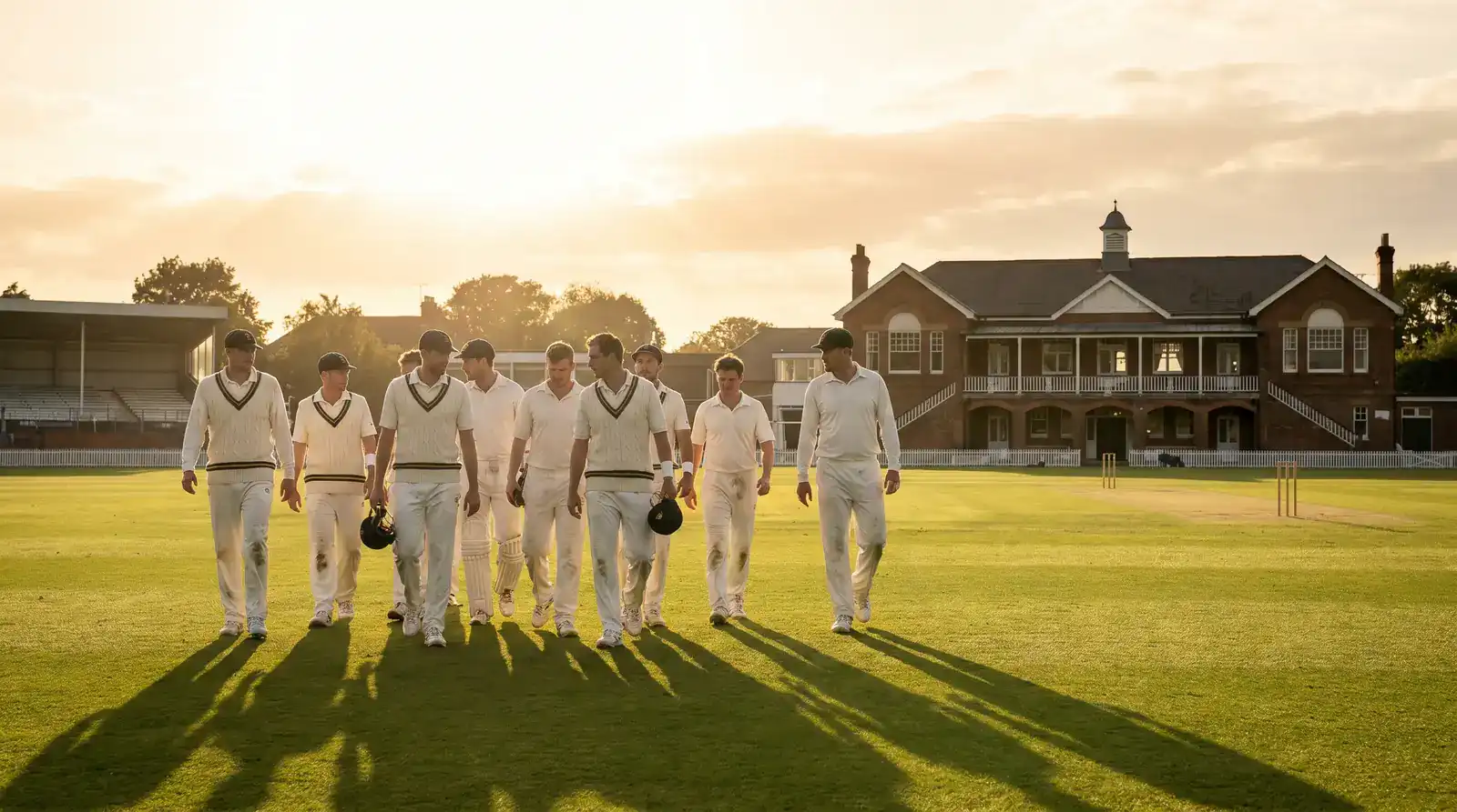 Test cricket players walking off the field after a long day in the field with stumps drawn at sunset