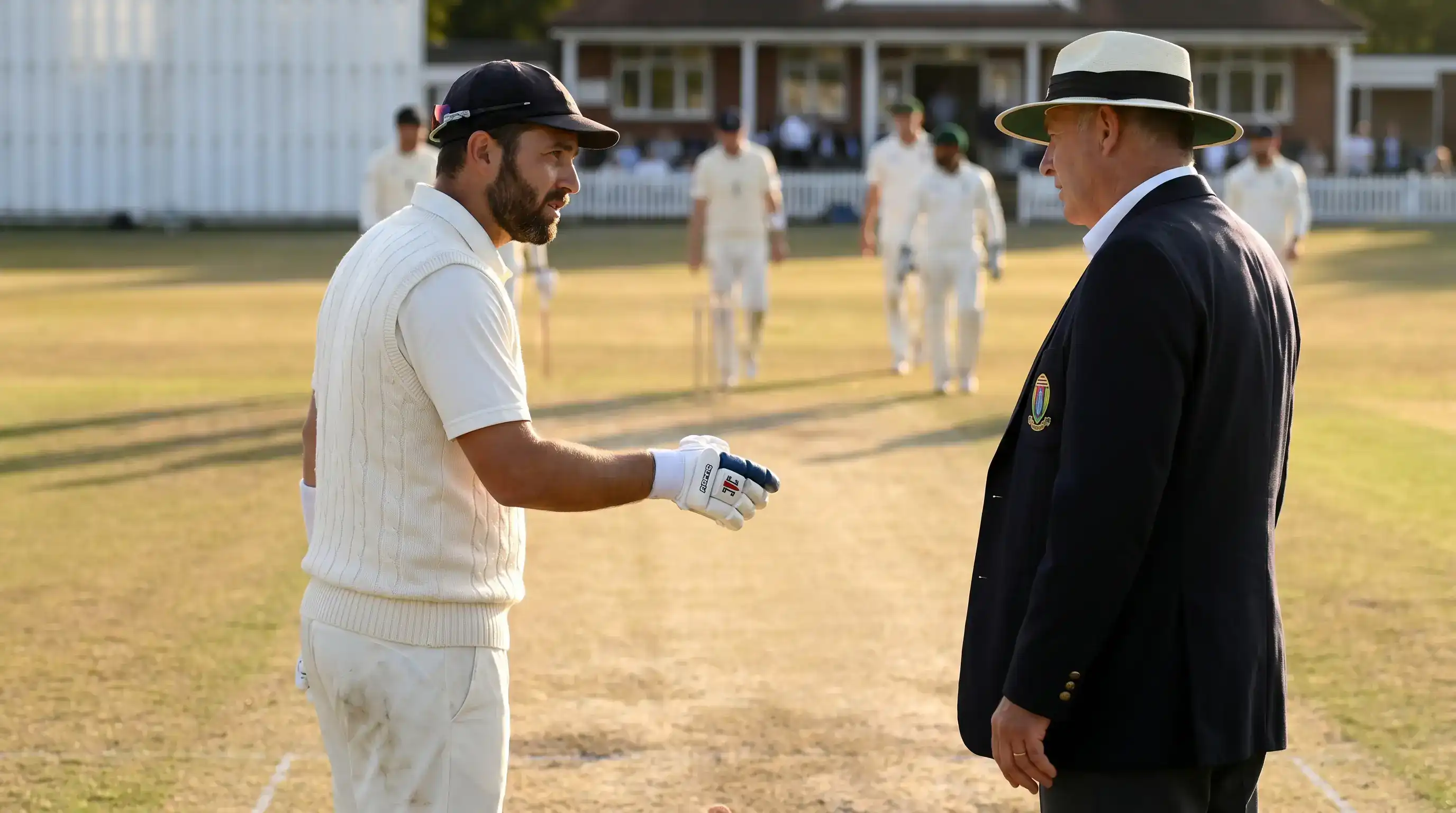 Test match captain in whites looking at the pitch and consulting with the umpire after his side has bowled out the opposition cheaply
