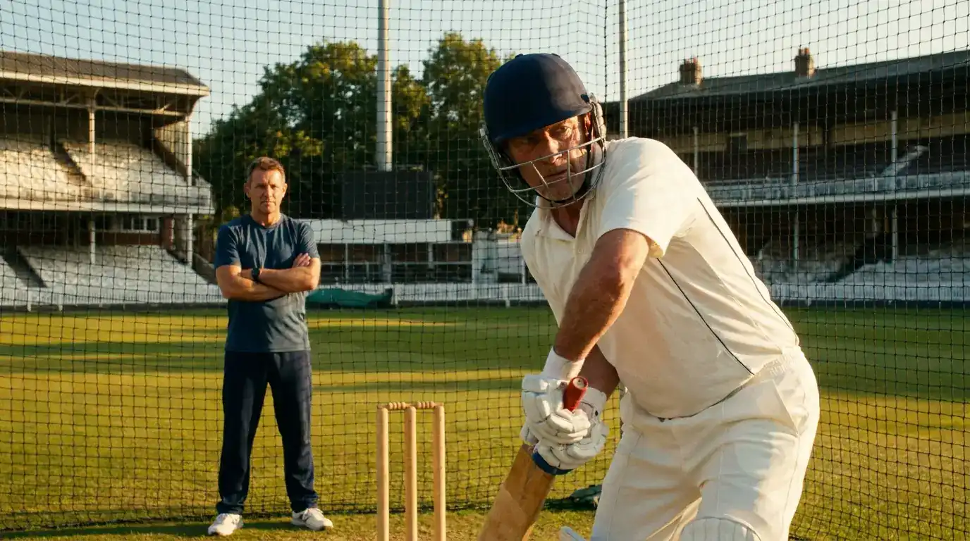 Test cricket batting practice at an English ground with a senior player working on technique under the eye of a coach