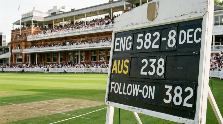 Test match scoreboard showing the trailing team's first-innings total well short of the follow-on margin under bright pavilion lights